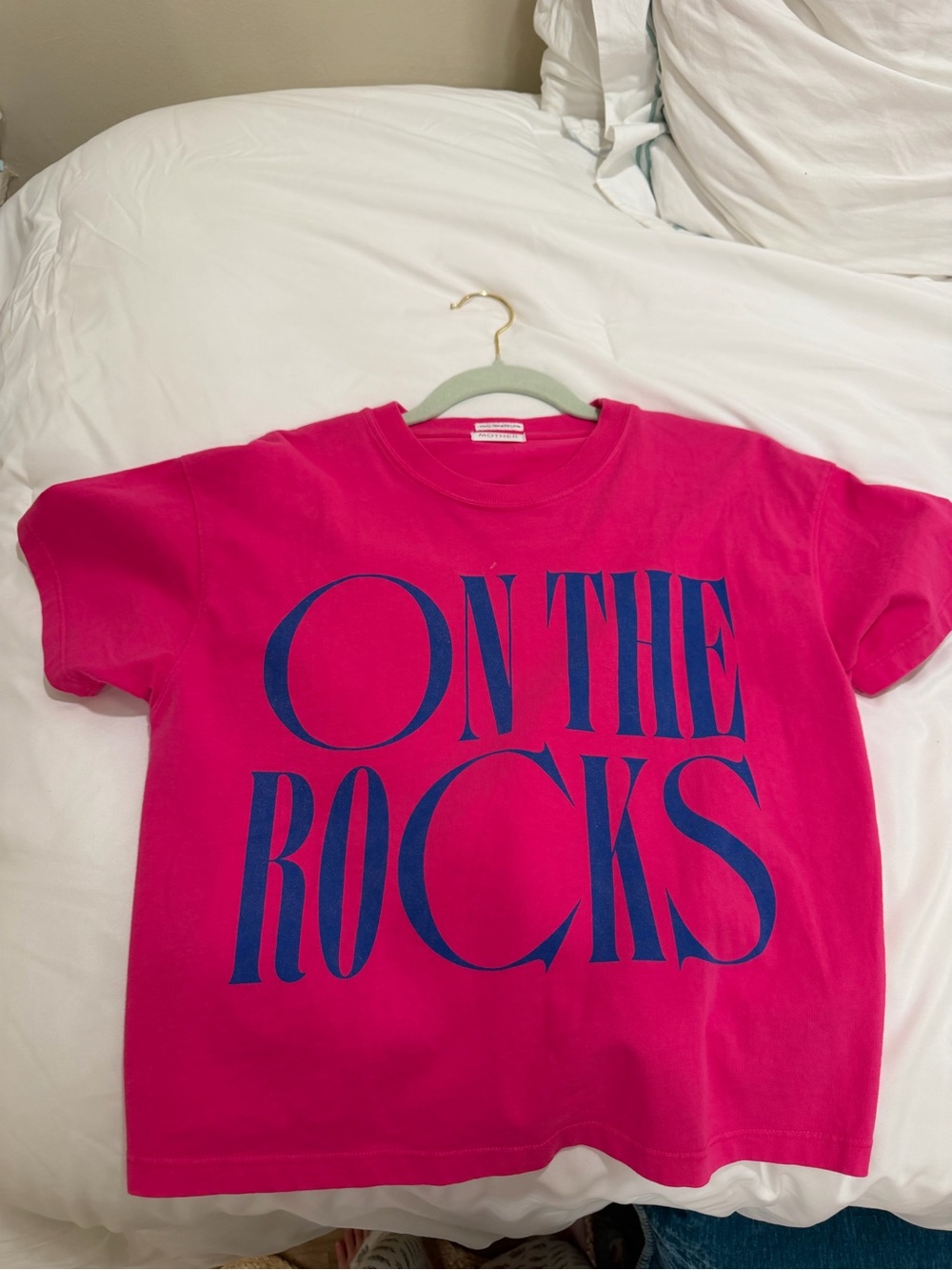 MOTHER Bright Pink Tee with Blue "ON THE ROCKS" Graphic